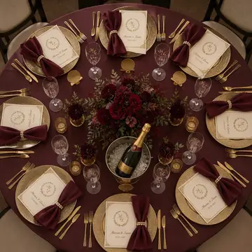 Mesa dos convidados vista de cima: casamento marsala de inverno