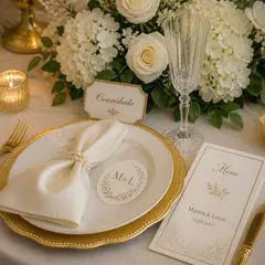Lugar do convidado (detalhe): casamento clássico branco e dourado