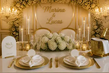 Mesa dos noivos: casamento clássico branco e dourado