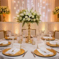 Foto profissional da sua mesa de casamento: clássico branco e dourado