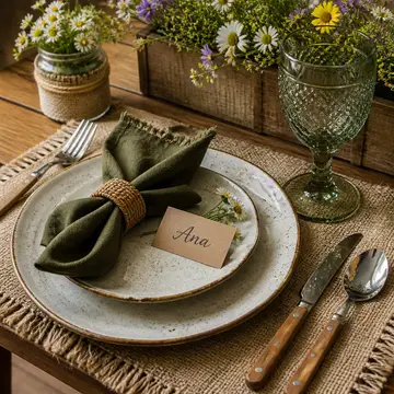 Detalhe do lugar à mesa: Mesa rústica de fazenda