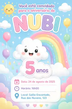 Convite digital: festa Arco-íris e nuvens