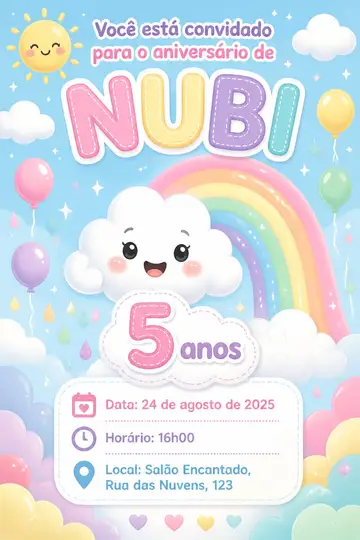 Convite digital: festa Arco-íris e nuvens