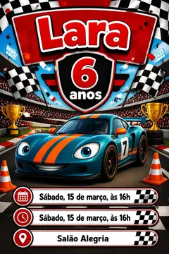 Convite digital: festa Carros de corrida