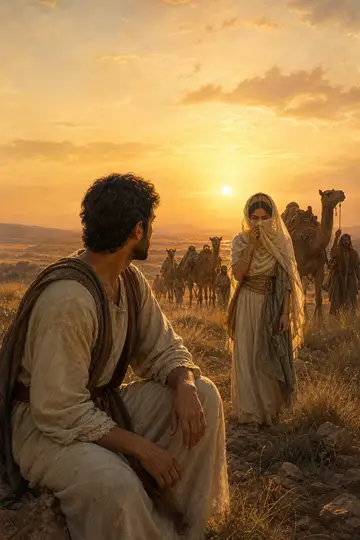 Isaque e Rebeca no campo ao entardecer — personagem bíblico