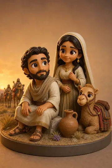 Isaque e Rebeca em boneco 3D — personagem bíblico