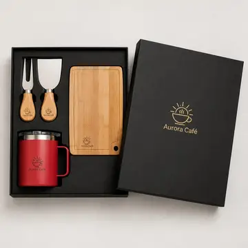 Kit cozinha gourmet com a sua marca: caixa cartonada com o logo na tampa