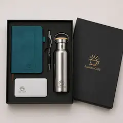 Kit executivo premium com a sua marca: caixa cartonada com o logo na tampa