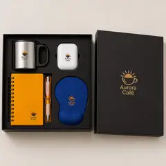 Kit home office com a sua marca: caixa cartonada com o logo na tampa