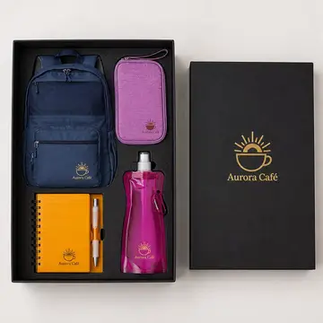 Kit volta às aulas com a sua marca: caixa cartonada com o logo na tampa