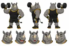 Ficha do mascote (frente, lado, costas e expressões): Rino (Academia)