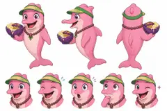 Ficha do mascote (frente, lado, costas e expressões): Boto (Açaíteria)