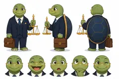 Ficha do mascote (frente, lado, costas e expressões): Doutora Tartaruga (Advocacia)
