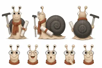 Ficha do mascote (frente, lado, costas e expressões): Espiral (Arquitetura e interiores)