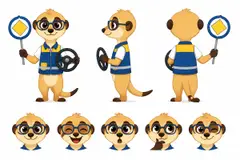 Ficha do mascote (frente, lado, costas e expressões): Atento (Autoescola)