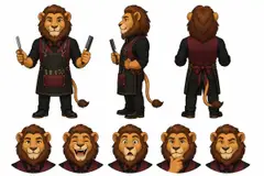 Ficha do mascote (frente, lado, costas e expressões): Juba (Barbearia)