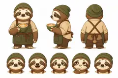 Ficha do mascote (frente, lado, costas e expressões): Preguiça (Cafeteria)