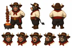Ficha do mascote (frente, lado, costas e expressões): Seu Boi (Churrascaria)