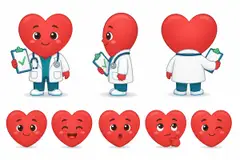 Ficha do mascote (frente, lado, costas e expressões): Doutor Coração (Clínica médica)
