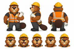Ficha do mascote (frente, lado, costas e expressões): Castor (Construtora)