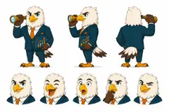 Ficha do mascote (frente, lado, costas e expressões): Visão (Consultoria)