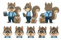 Ficha do mascote (frente, lado, costas e expressões): Nozinho (Contabilidade)