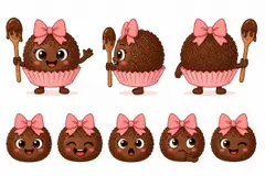 Ficha do mascote (frente, lado, costas e expressões): Brigadeirinho (Doceria e confeitaria)