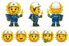 Ficha do mascote (frente, lado, costas e expressões): Girassol (Energia solar)