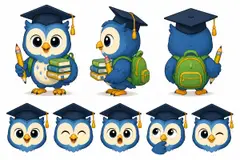 Ficha do mascote (frente, lado, costas e expressões): Sabida (Escola e reforço)