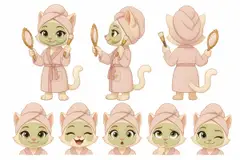 Ficha do mascote (frente, lado, costas e expressões): Mimi (Estética)