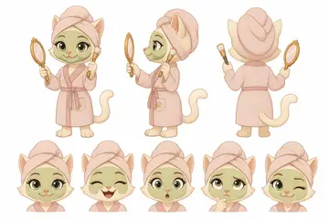 Ficha do mascote (frente, lado, costas e expressões): Mimi (Estética)
