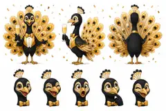 Ficha do mascote (frente, lado, costas e expressões): Pavão (Buffet e eventos)