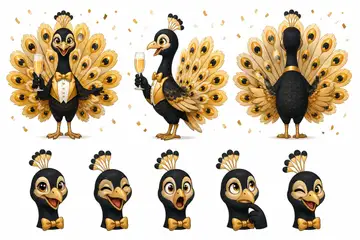 Ficha do mascote (frente, lado, costas e expressões): Pavão (Buffet e eventos)