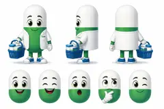 Ficha do mascote (frente, lado, costas e expressões): Capsulino (Farmácia)