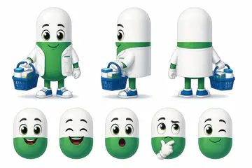 Ficha do mascote (frente, lado, costas e expressões): Capsulino (Farmácia)