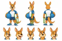 Ficha do mascote (frente, lado, costas e expressões): Pulinho (Fisioterapia)