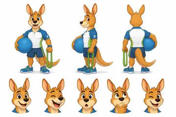 Ficha do mascote (frente, lado, costas e expressões): Pulinho (Fisioterapia)