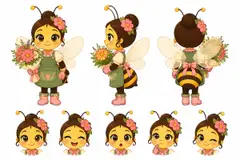 Ficha do mascote (frente, lado, costas e expressões): Bia (Floricultura)