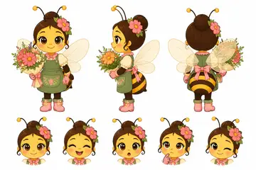 Ficha do mascote (frente, lado, costas e expressões): Bia (Floricultura)