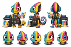 Ficha do mascote (frente, lado, costas e expressões): Camaleão (Gráfica e personalizados)