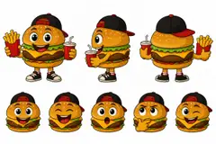 Ficha do mascote (frente, lado, costas e expressões): Burgão (Hamburgueria)