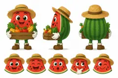 Ficha do mascote (frente, lado, costas e expressões): Melancita (Hortifrúti)