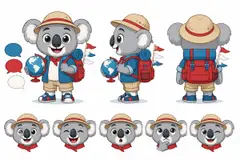 Ficha do mascote (frente, lado, costas e expressões): Coalinha (Escola de idiomas)