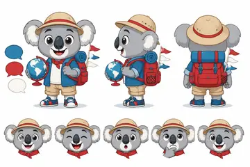 Ficha do mascote (frente, lado, costas e expressões): Coalinha (Escola de idiomas)