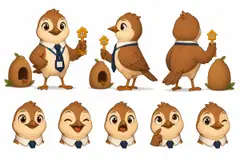 Ficha do mascote (frente, lado, costas e expressões): Barrinho (Imobiliária)