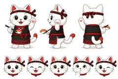 Ficha do mascote (frente, lado, costas e expressões): Sortudo (Restaurante japonês)