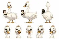 Ficha do mascote (frente, lado, costas e expressões): Cisne (Joias e semijoias)