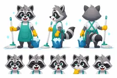 Ficha do mascote (frente, lado, costas e expressões): Guaxinim (Limpeza e conservação)