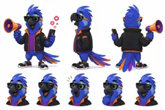 Ficha do mascote (frente, lado, costas e expressões): Arara (Agência de marketing)