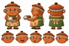Ficha do mascote (frente, lado, costas e expressões): Dona Panela (Marmitaria e comida caseira)